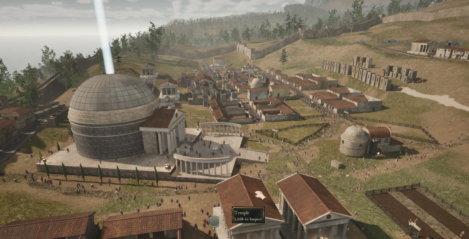 A Roman town with a domed temple, districts, crowds of villagers and a fenced field at the bottom right