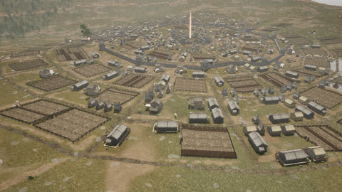 The rival god's timber town seen from above, with a palisade, fields and animal pens