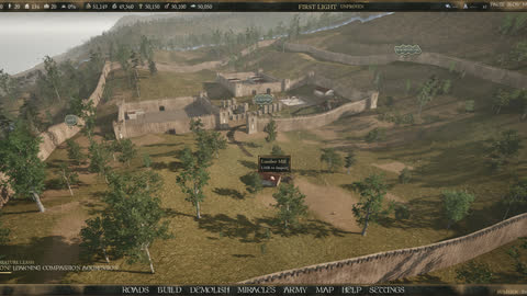 A lumber mill and its cleared ground inside a walled enclosure