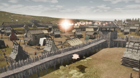 The rival god's timber palisade and gate, with a lit street beyond