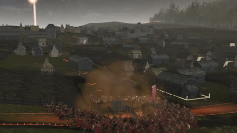 Soldiers in red pulling a building apart at night, with a standard planted beside it