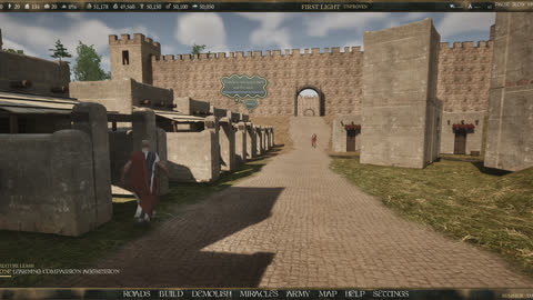 A paved Roman street inside the town walls, with shops along both sides and an arched gate at the end